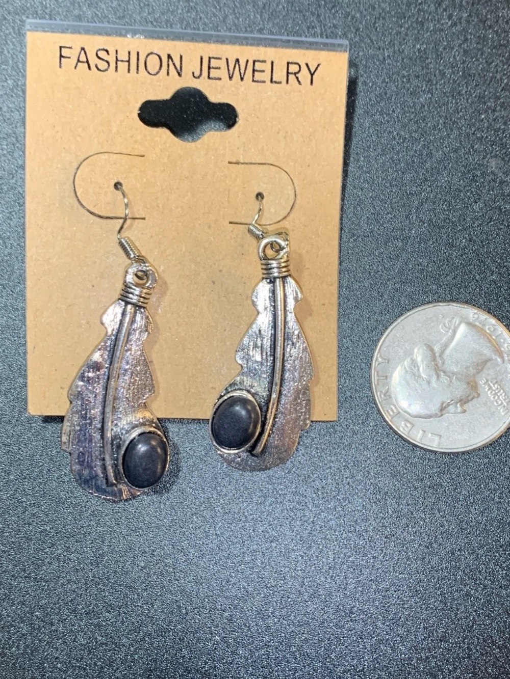 NWT Silver tone Feather Drop Earrings with Black Howlite Stone western boho